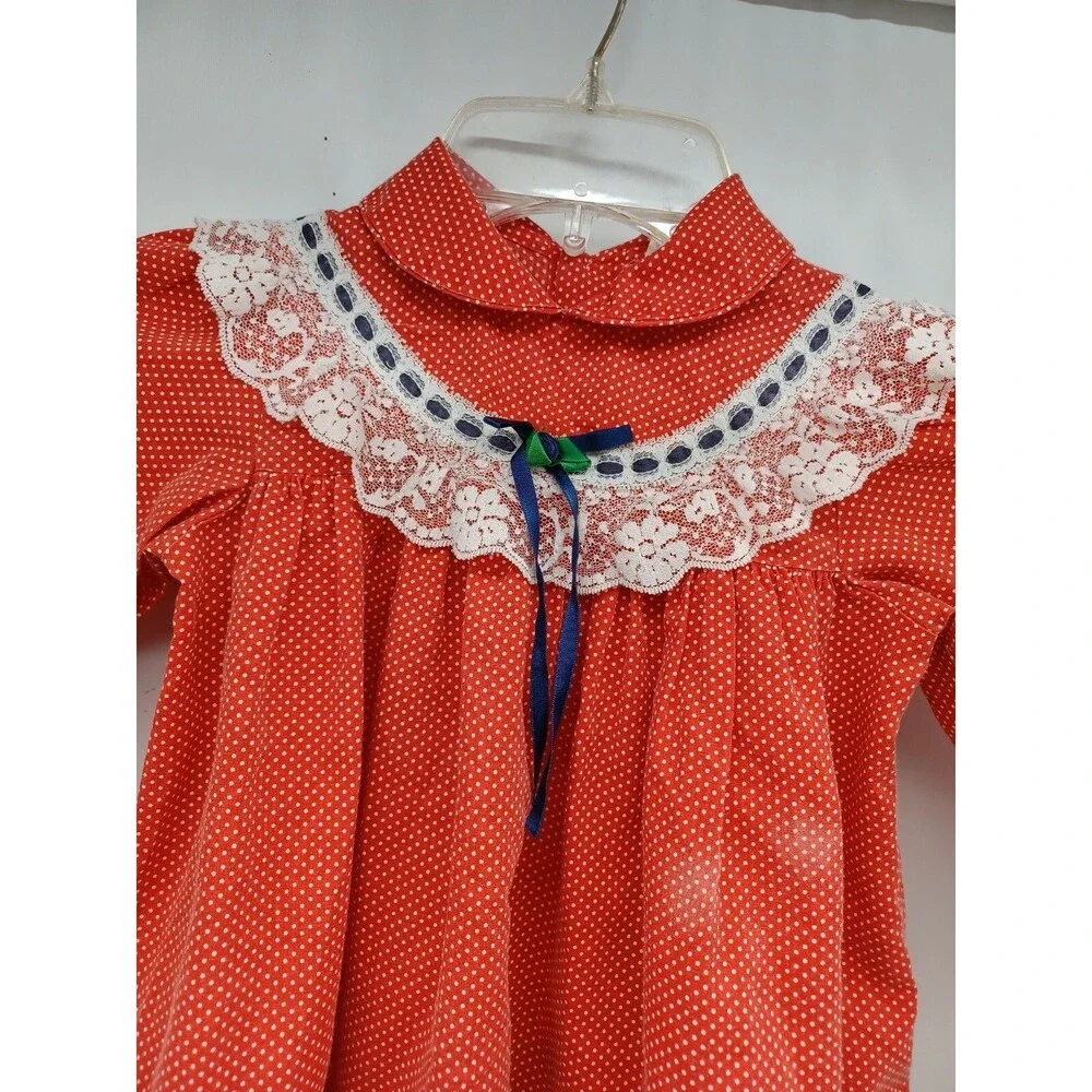 VTG toddler Girl Dress Ruffle Lace Polkadot Red White Polka dot Long Sleeve 3T